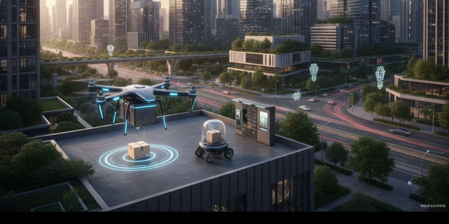 Eine futuristische Lieferdrohne schwebt über einem Ablagepunkt auf einem Dach und legt ein Paket auf einer leuchtenden runden Plattform ab, während ein kleiner, autonomer Lieferroboter in der Nähe wartet. Im Hintergrund erstreckt sich eine moderne Stadtla